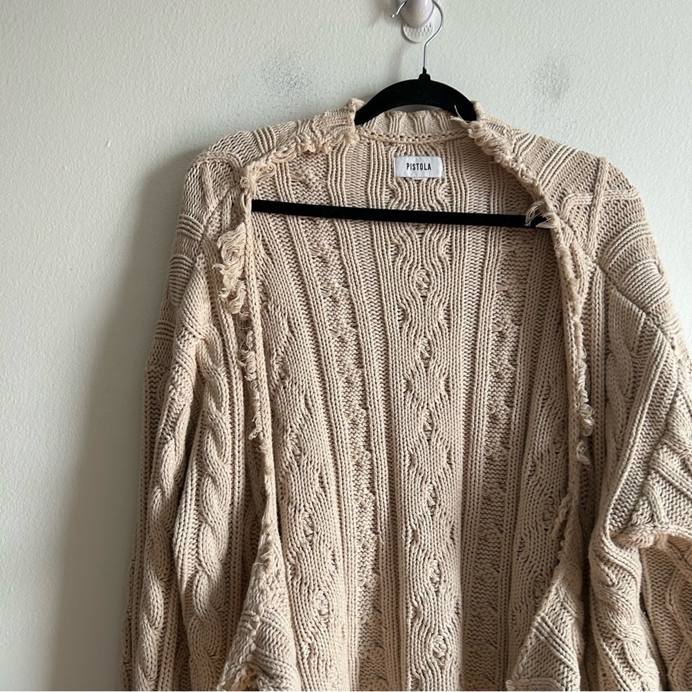 Pistola Sz L Cream Tan Cable Knit Distressed Cascade Cardigan Sweater - Picture 3 of 11